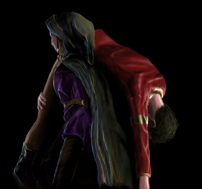 Zaya carrying man in red